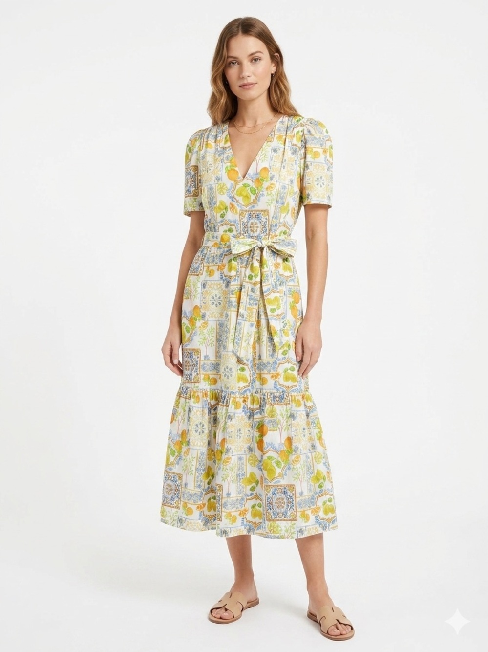 Gilner Farrar Lemon Citrus Tile-Print Midi Dress Women’s Small